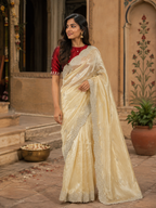 Space Silk Sequins Work Saree With Unstitched Blouse(Cream)