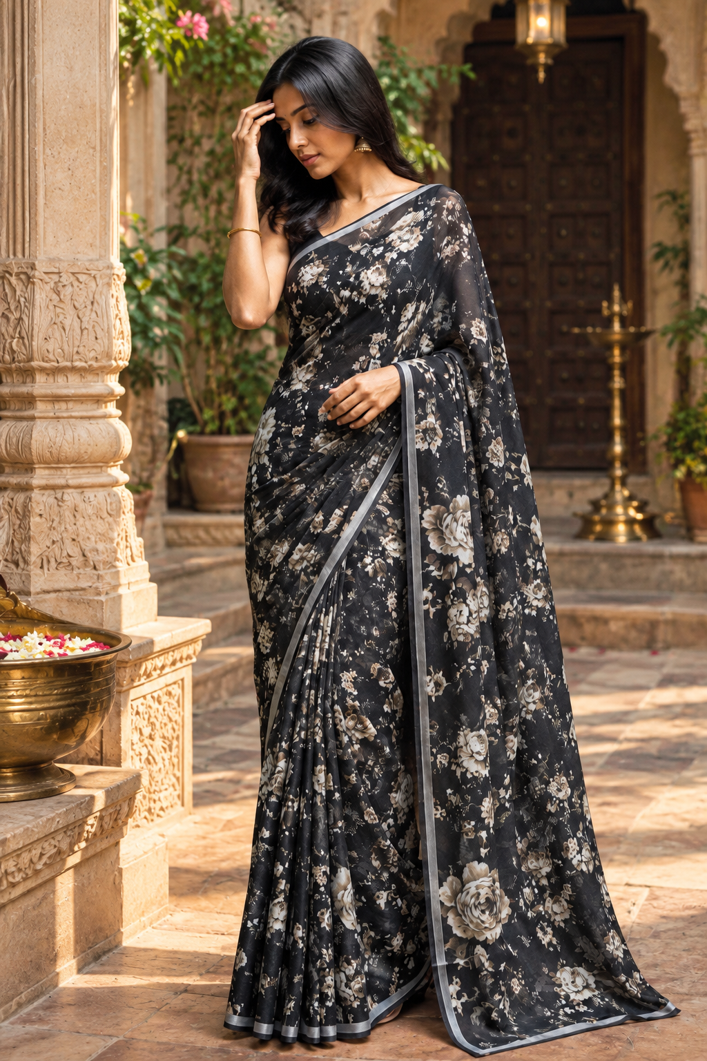 Georgette Floral Print Saree With Unstitched Blouse(Black)