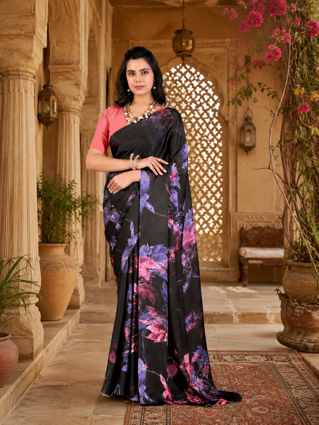 Satin Silk Printed Saree With Unstitched Blouse(Black)