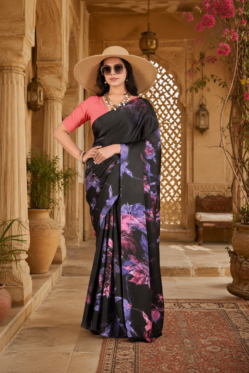 Satin Silk Printed Saree With Unstitched Blouse(Black)