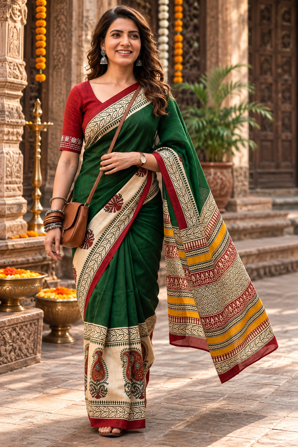 Mulmul Cotton Printed Saree With Unstitched Blouse(Green)