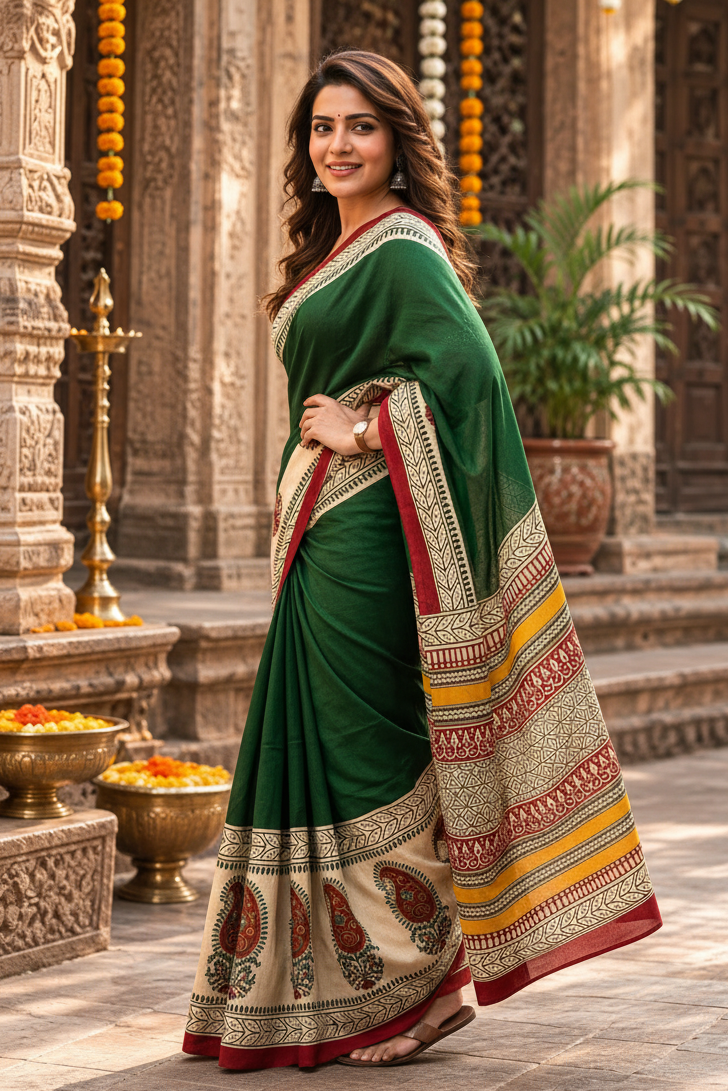 Mulmul Cotton Printed Saree With Unstitched Blouse(Green)