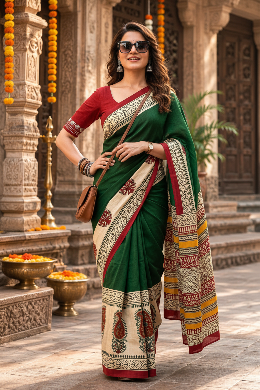 Mulmul Cotton Printed Saree With Unstitched Blouse(Green)