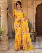Georgette Floral Print Saree With Unstitched blouse(Yellow)