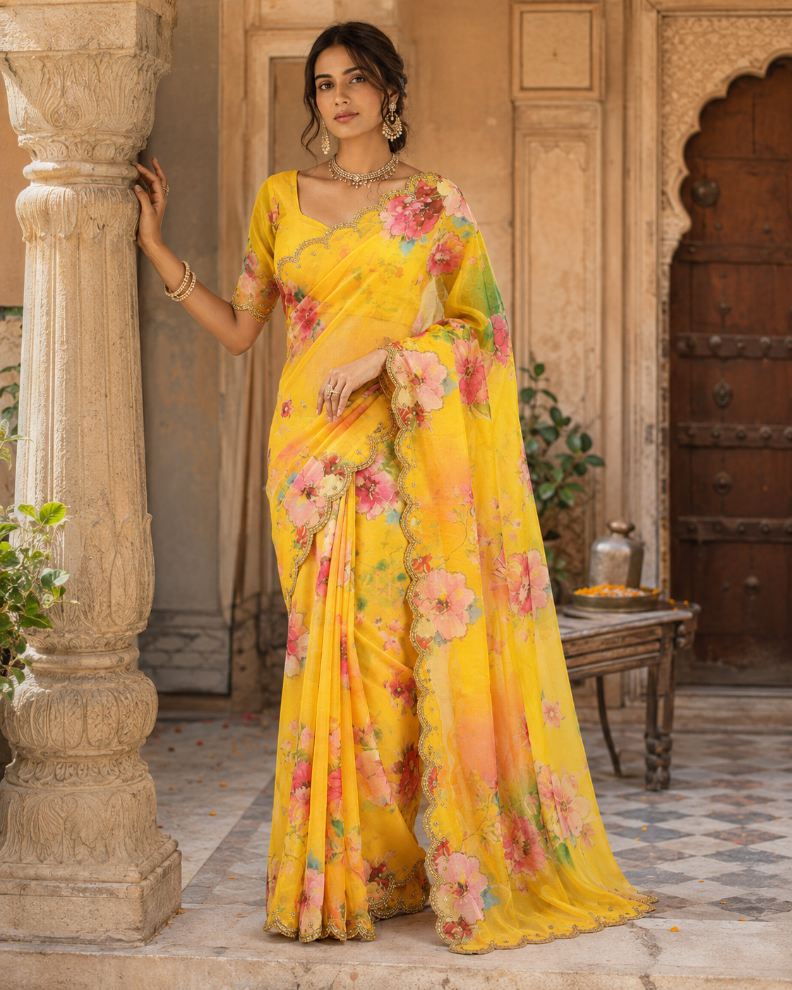 Georgette Floral Print Saree With Unstitched blouse(Yellow)