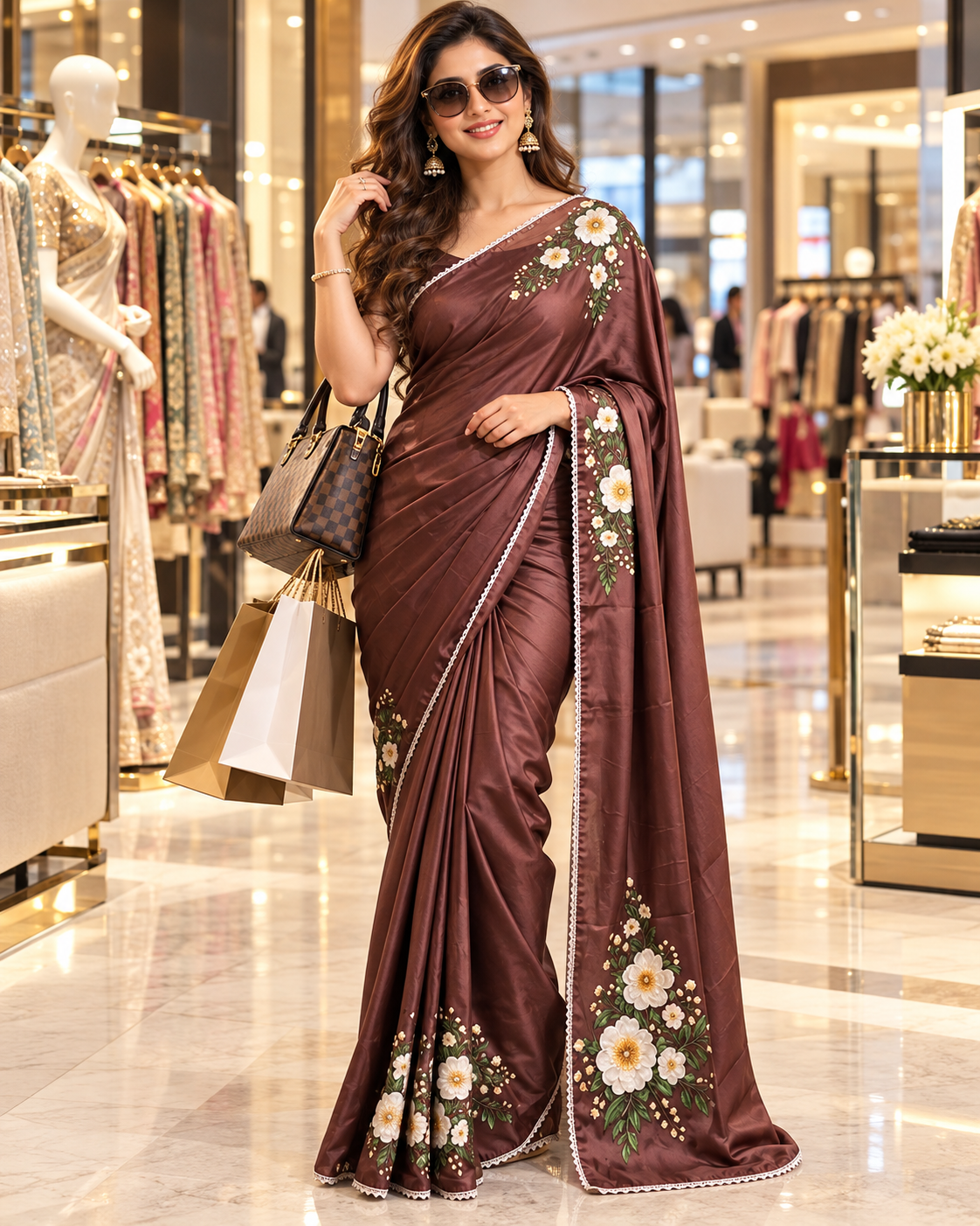 Satin Silk Printed Saree With Unstitched Blouse ( Coffee Brown)