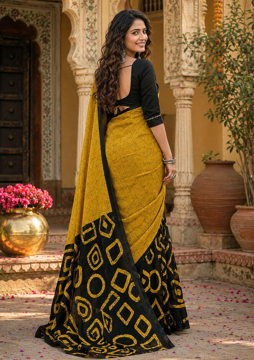 Mulmul Cotton Block Printed Saree With Unstitched Blouse(Yellow)