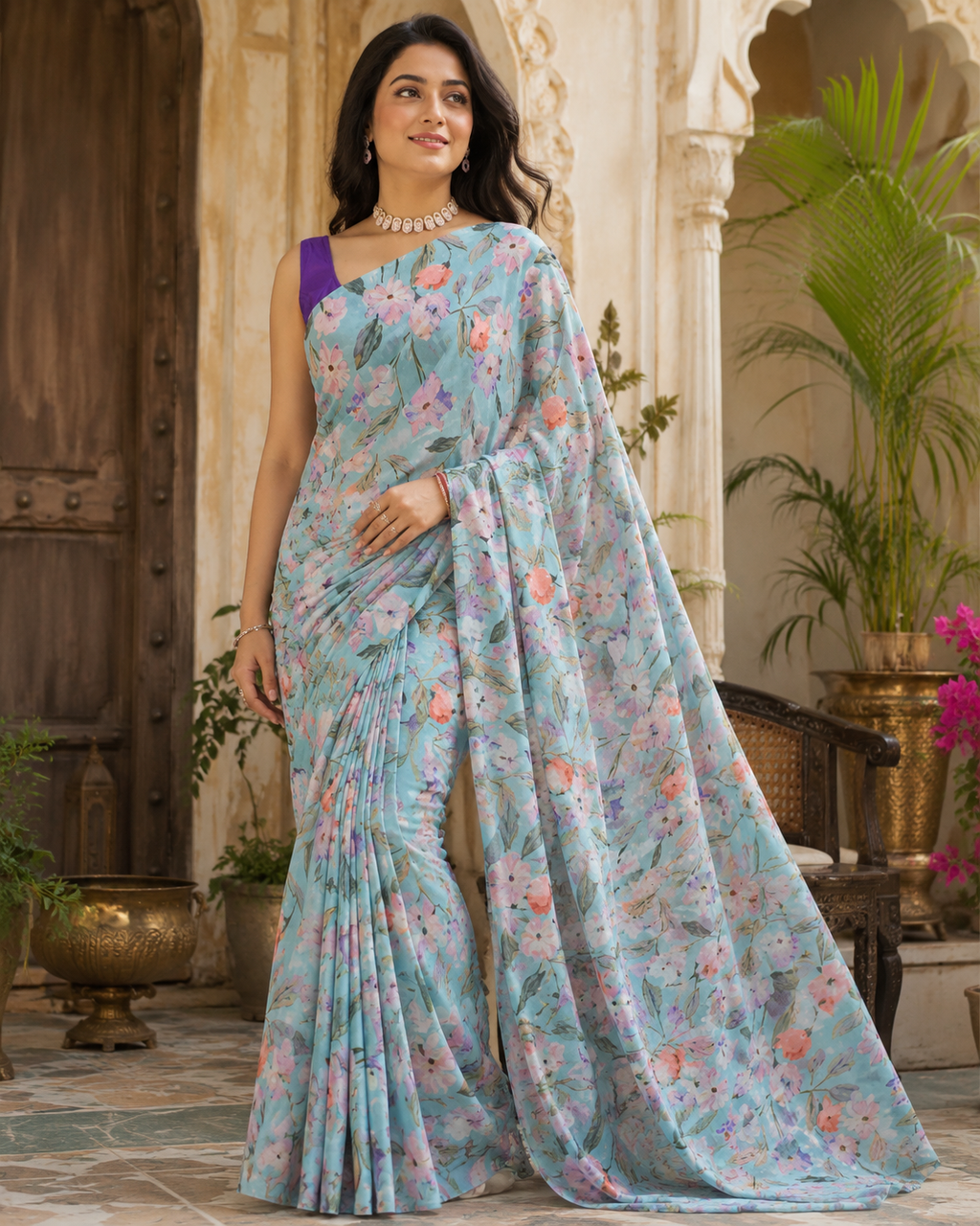 Premium Crepe Silk Floral Print Saree With Unstitched Blouse(Sky)