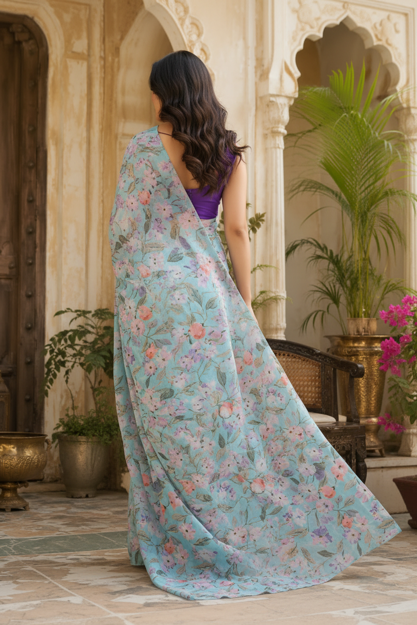 Premium Crepe Silk Floral Print Saree With Unstitched Blouse(Sky)
