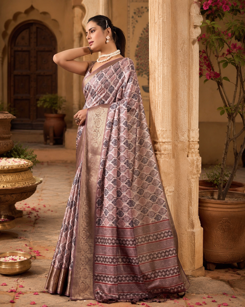 Litchi Silk Golden Zari Border Saree With Unstitched Blouse(Beige)