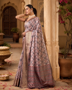 Litchi Silk Golden Zari Border Saree With Unstitched Blouse(Beige)