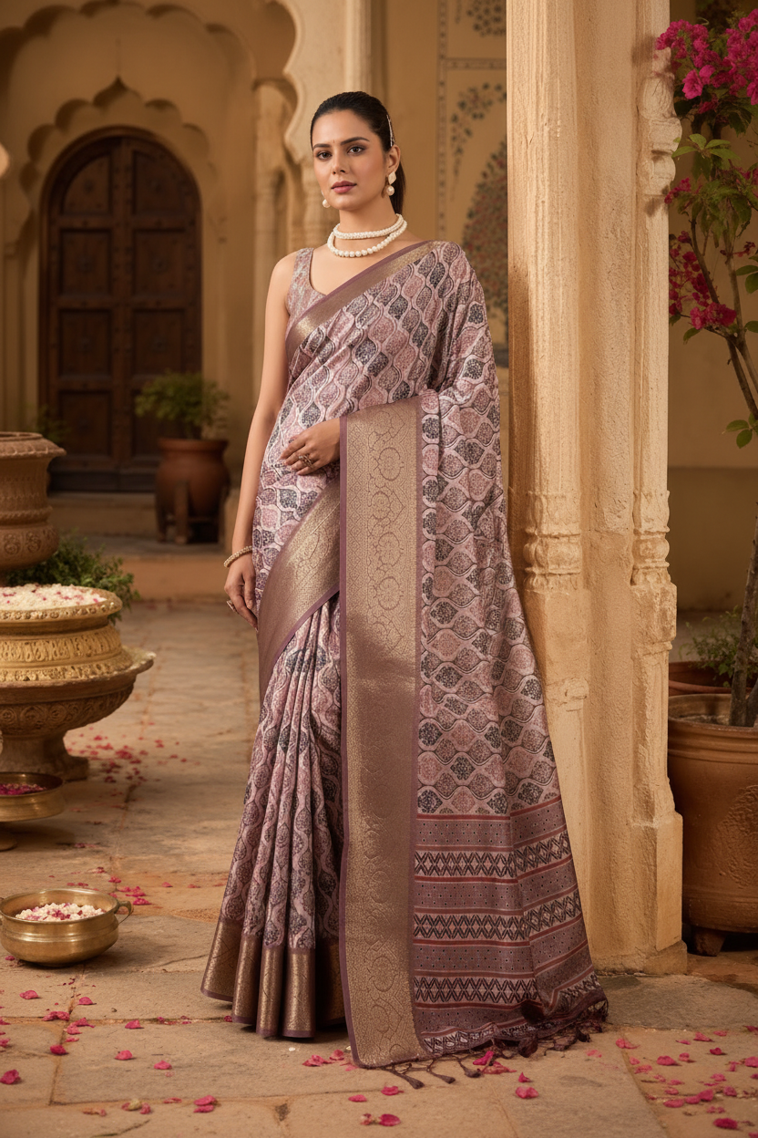 Litchi Silk Golden Zari Border Saree With Unstitched Blouse(Beige)