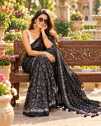 Premium Gajji Silk Mirror Work Border Saree With Unstitched Blouse(Black)