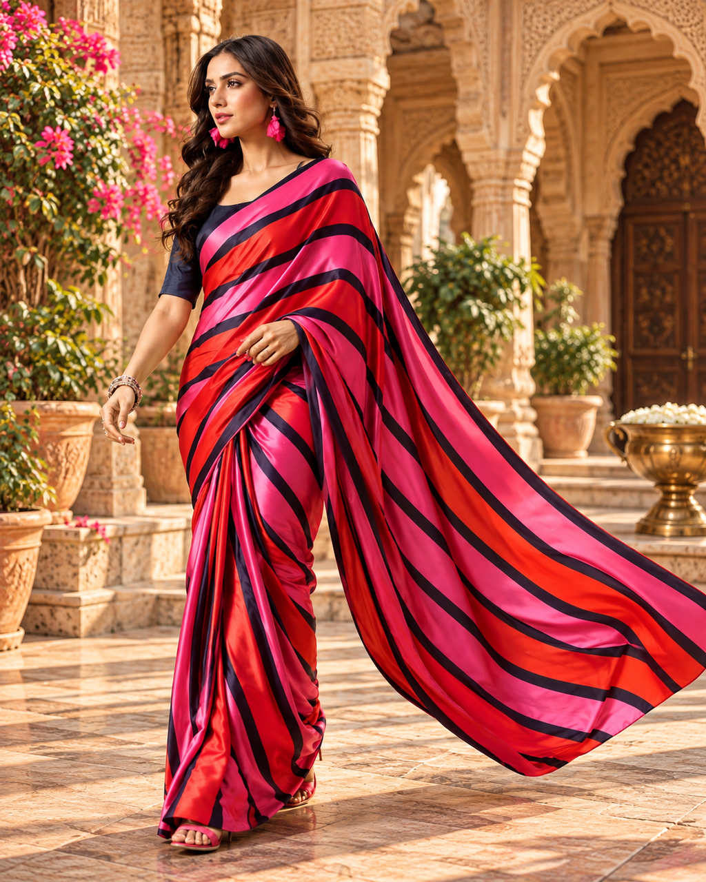 Satin Silk Printed Saree With Unstitched Blouse(Pink)