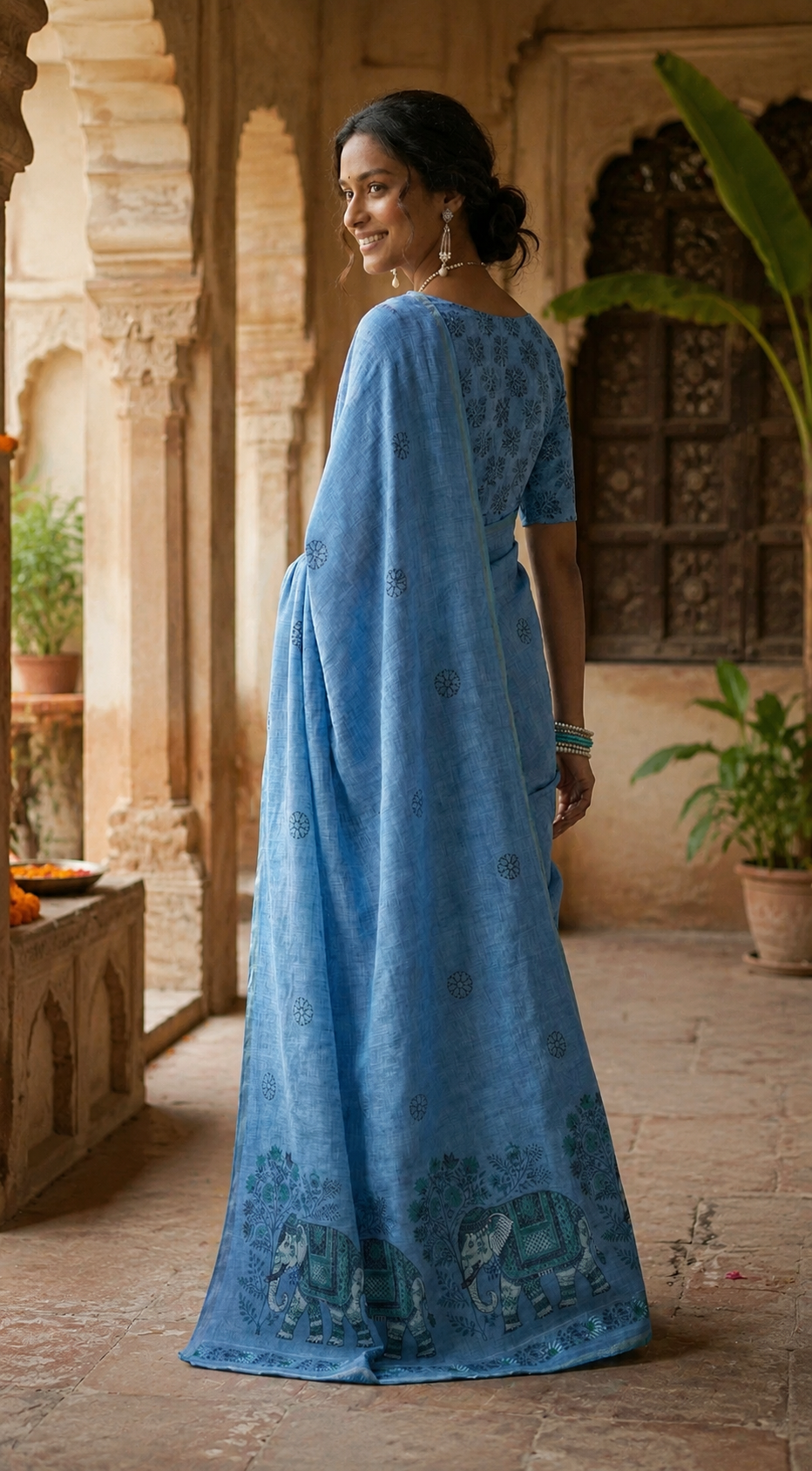 Linen Printed Saree With Unstitched Blouse(Blue)