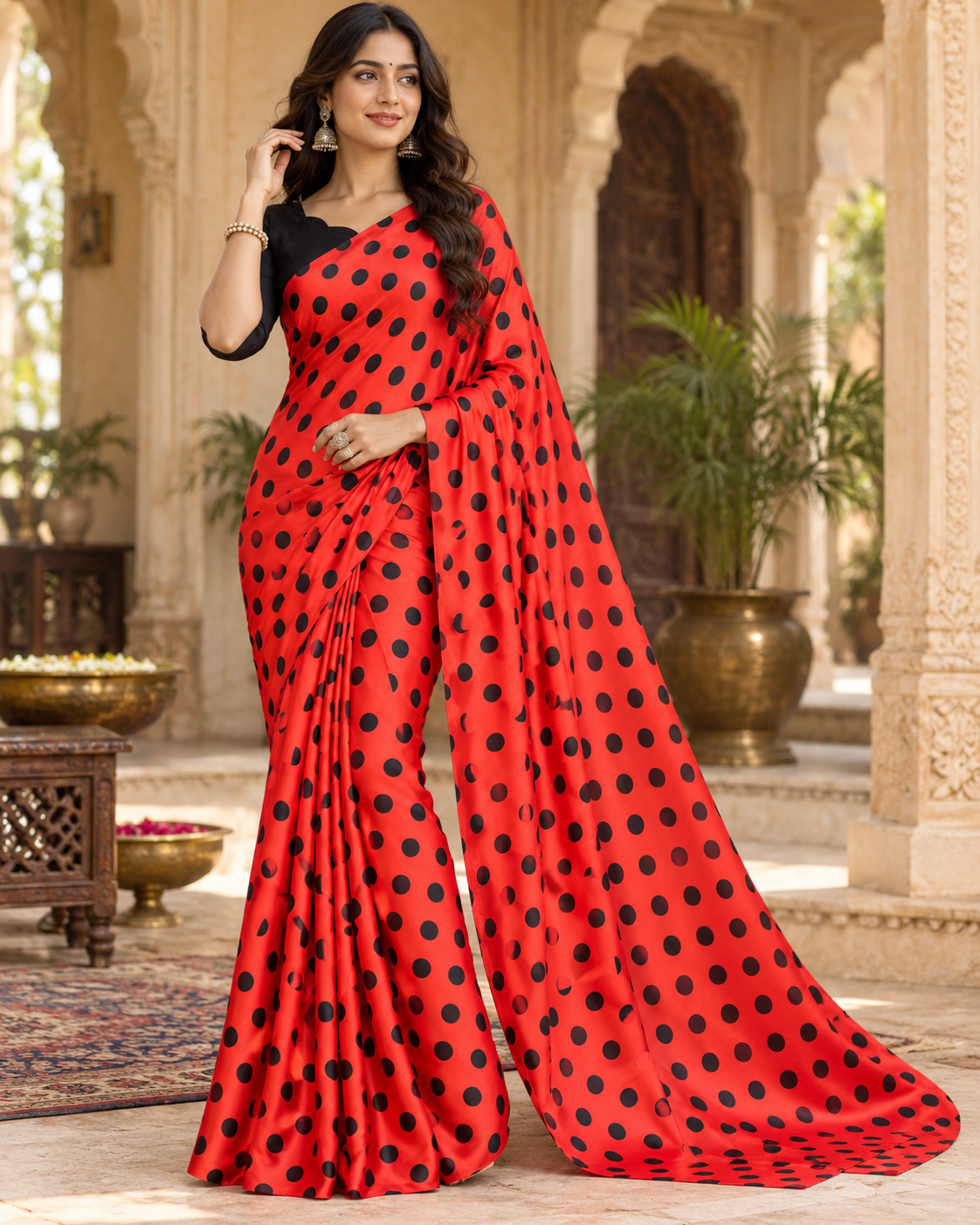 Satin Silk Printed Saree With Unstitched Blouse(Red)