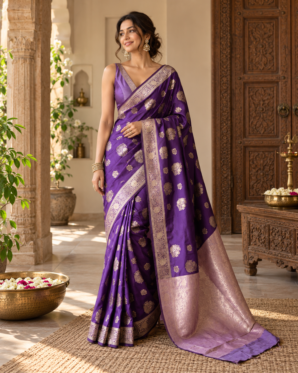 Banarasi Silk Saree With Unstitched Blouse(Violet)