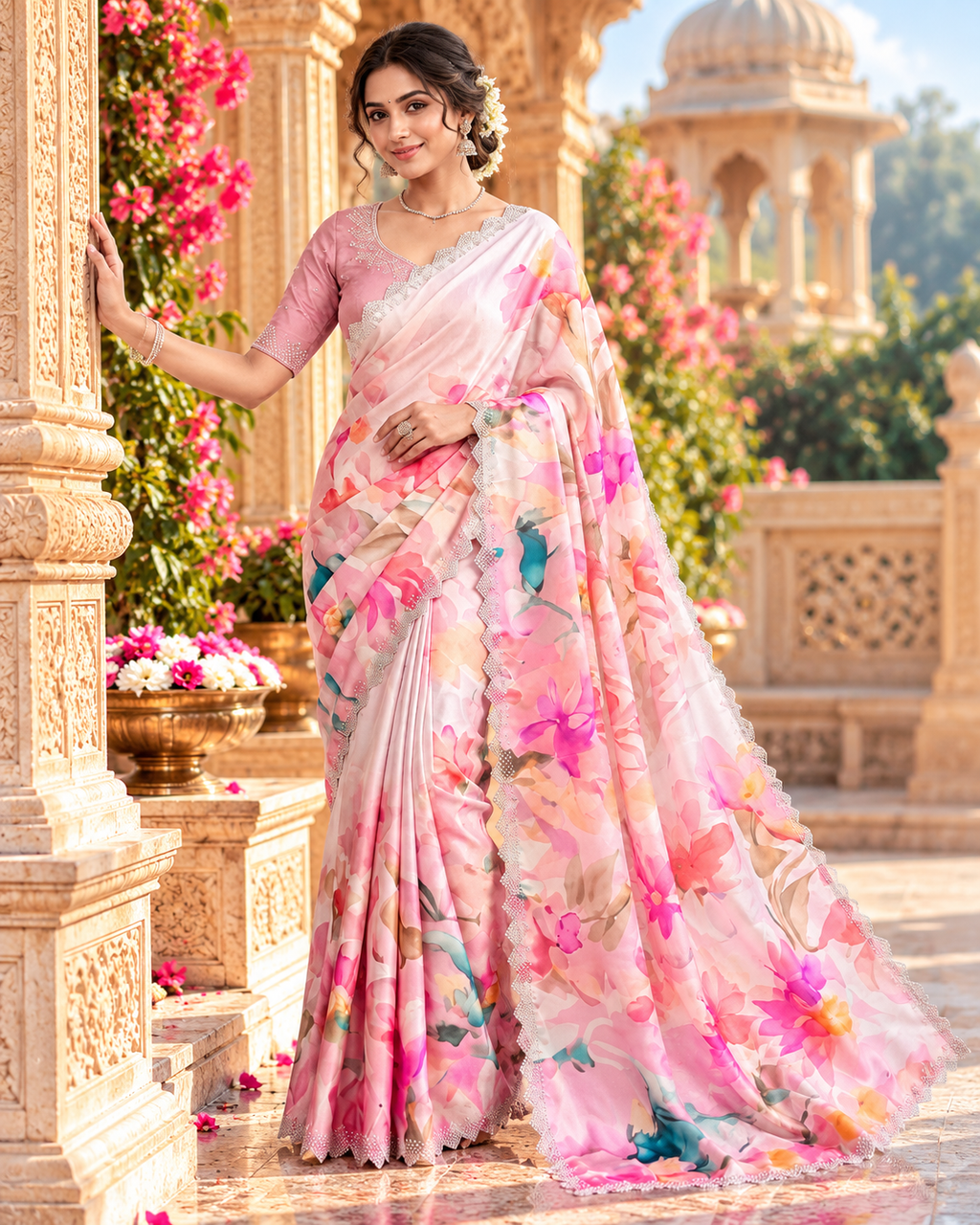 Pure Maheshwari Silk Saree With Unstitched Blouse(Pink)