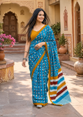 Mulmul Cotton Bagru Block Print Saree With Unstitched Blouse(Blue)
