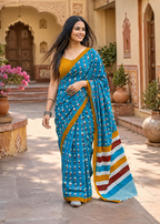 Mulmul Cotton Bagru Block Print Saree With Unstitched Blouse(Blue)