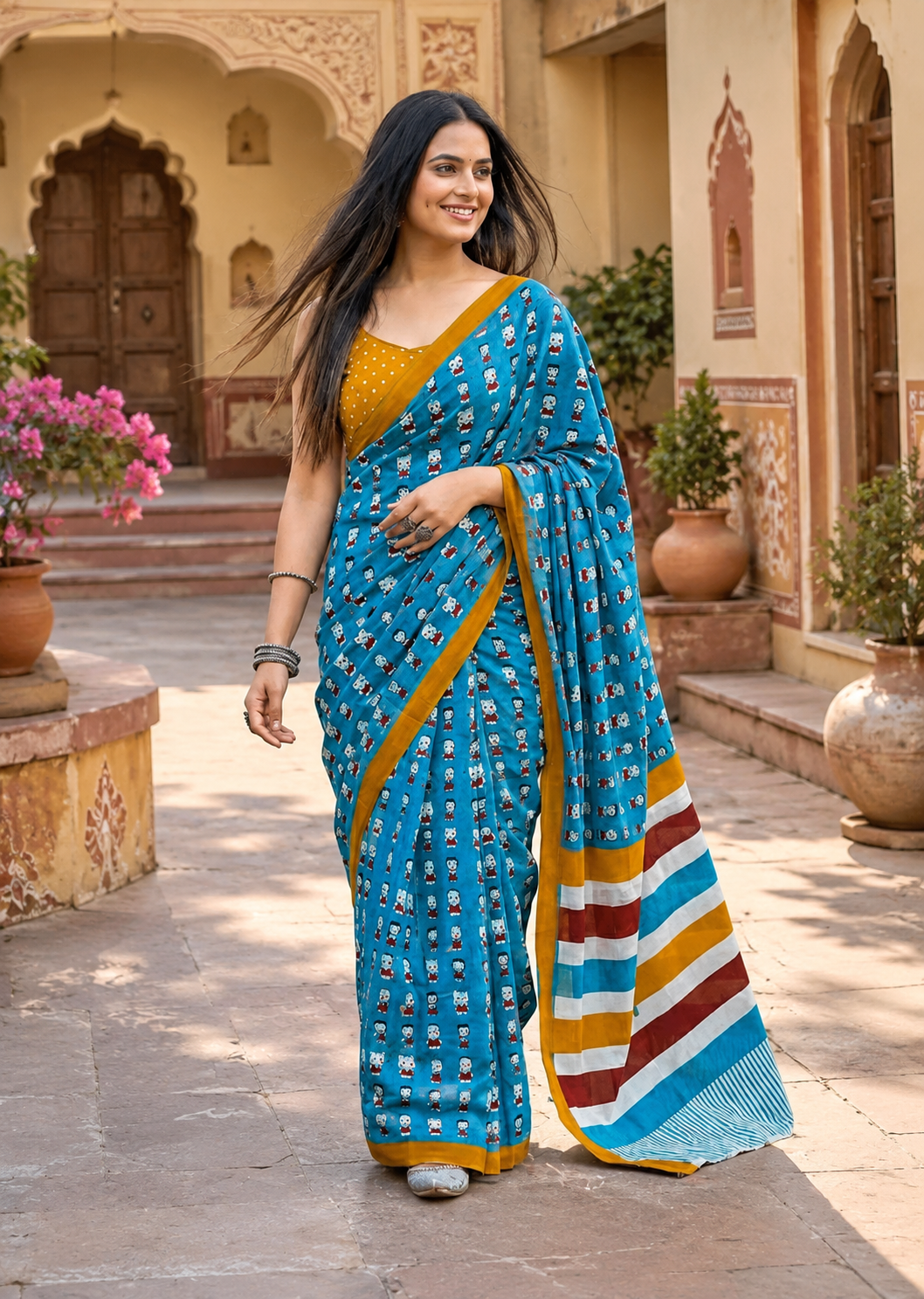 Mulmul Cotton Bagru Block Print Saree With Unstitched Blouse(Blue)