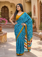 Mulmul Cotton Bagru Block Print Saree With Unstitched Blouse(Blue)