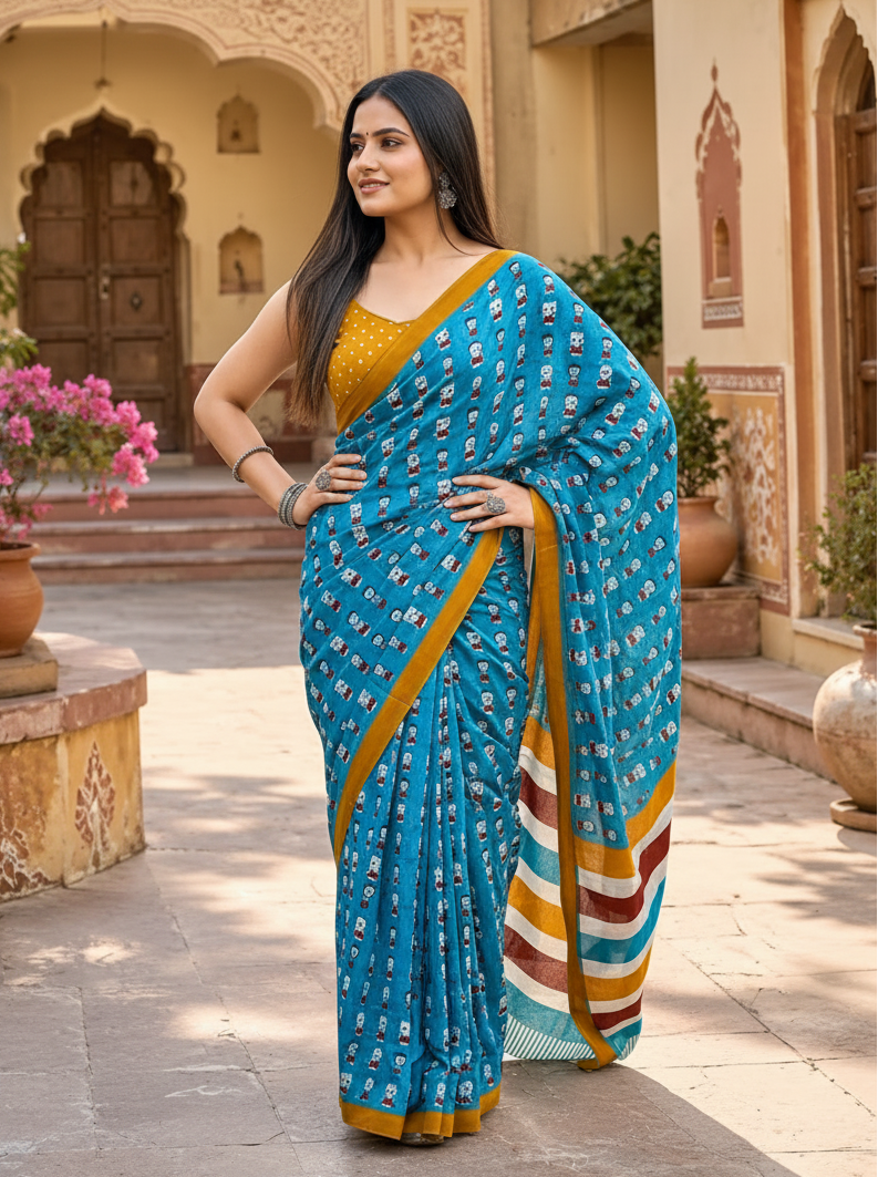 Mulmul Cotton Bagru Block Print Saree With Unstitched Blouse(Blue)