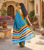 Mulmul Cotton Bagru Block Print Saree With Unstitched Blouse(Blue)