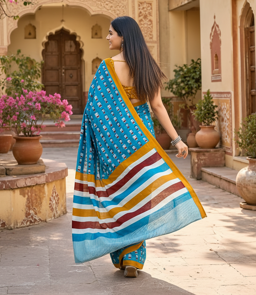 Mulmul Cotton Bagru Block Print Saree With Unstitched Blouse(Blue)