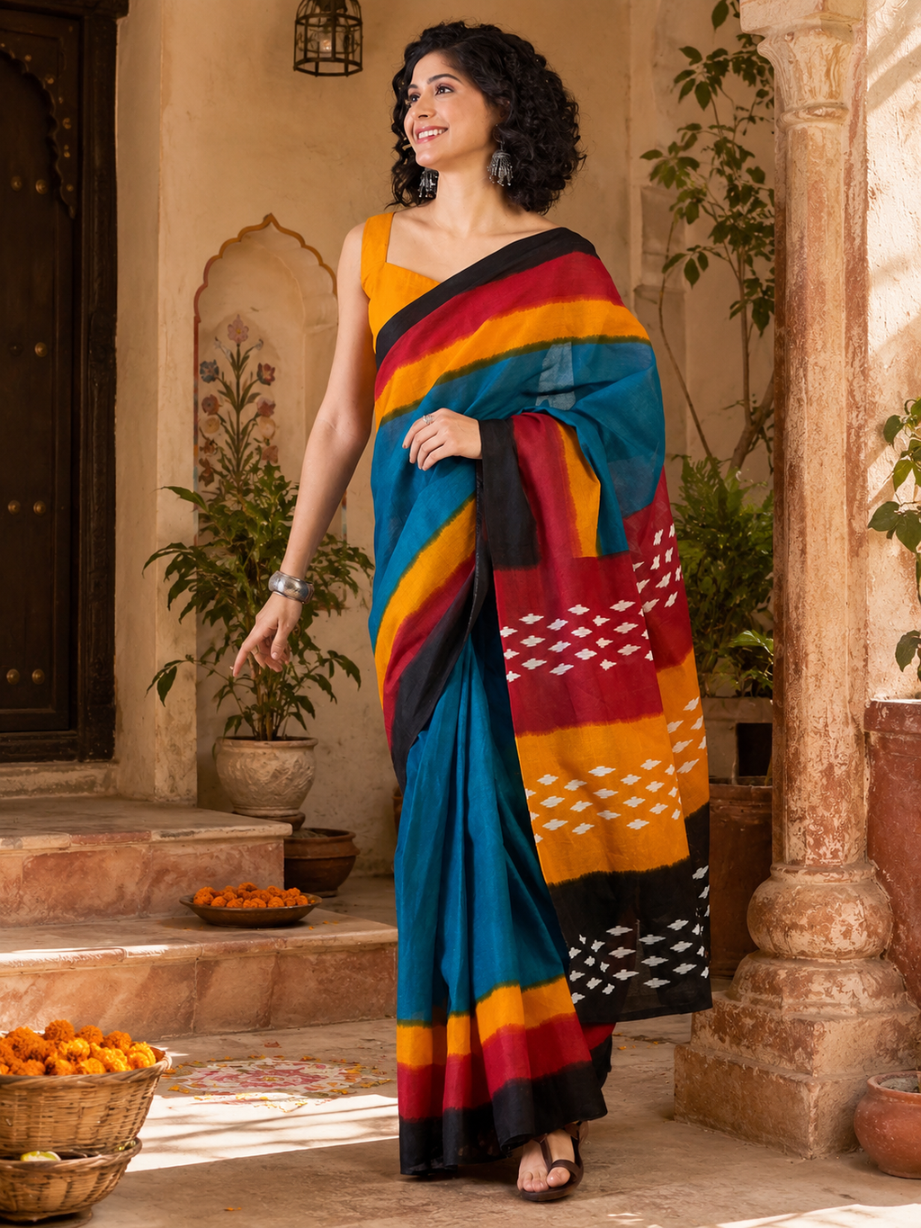 Mulmul Cotton Printed Pocket Saree With Unstitched Blouse(Blue)