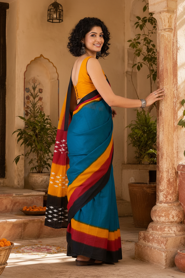 Mulmul Cotton Printed Pocket Saree With Unstitched Blouse(Blue)