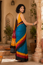 Mulmul Cotton Printed Pocket Saree With Unstitched Blouse(Blue)