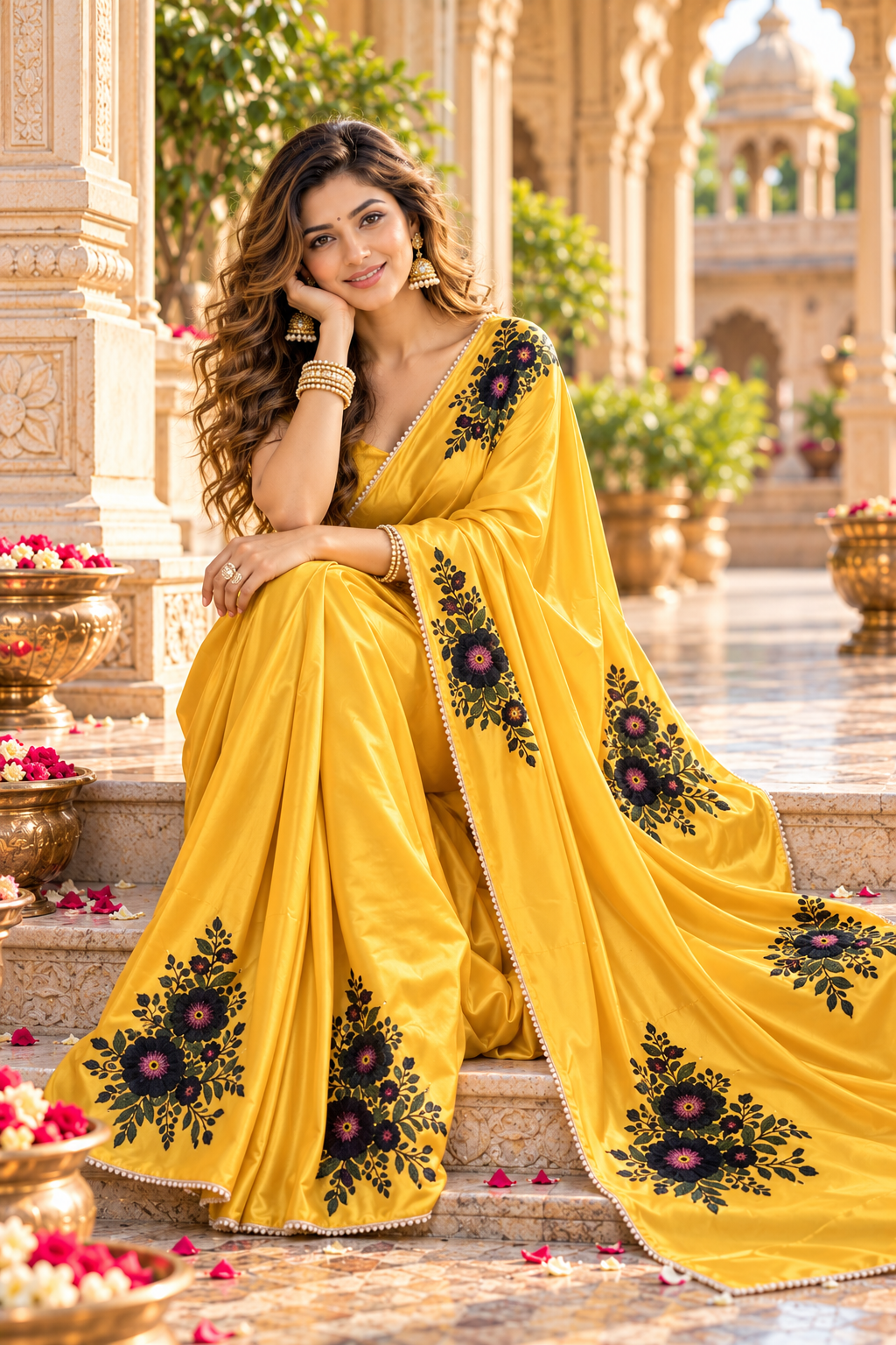 Satin Silk Printed Saree With Unstitched Blouse(Yellow)