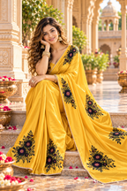 Satin Silk Printed Saree With Unstitched Blouse(Yellow)