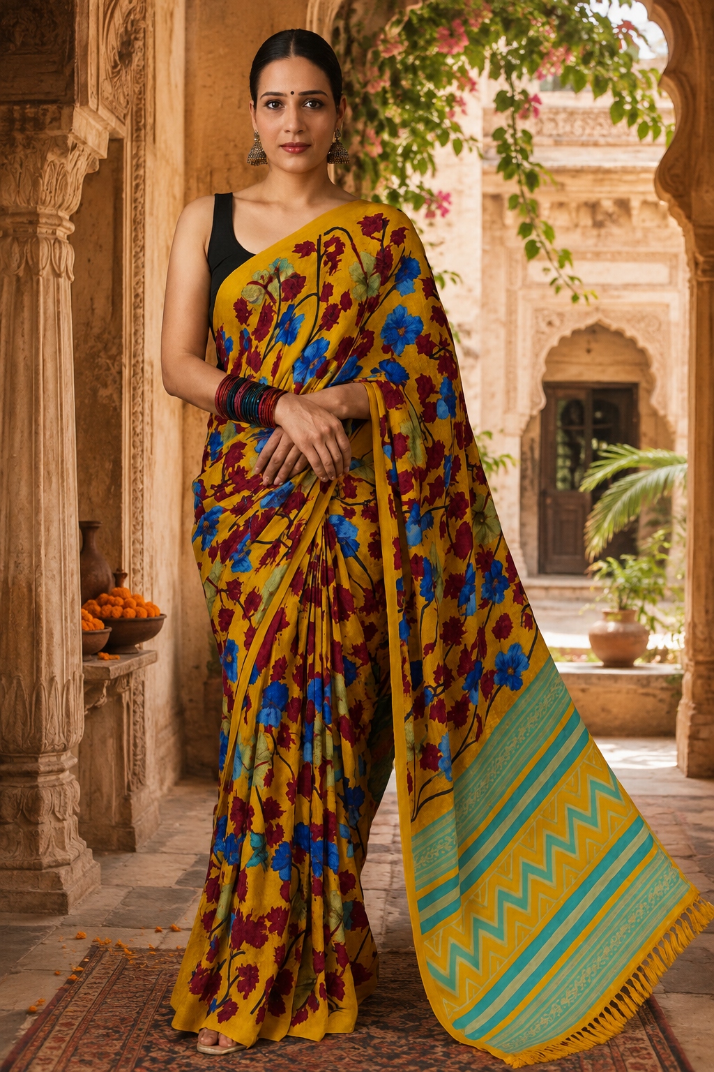 Georgette Printed Saree With Unstitched Blouse(Mustard)