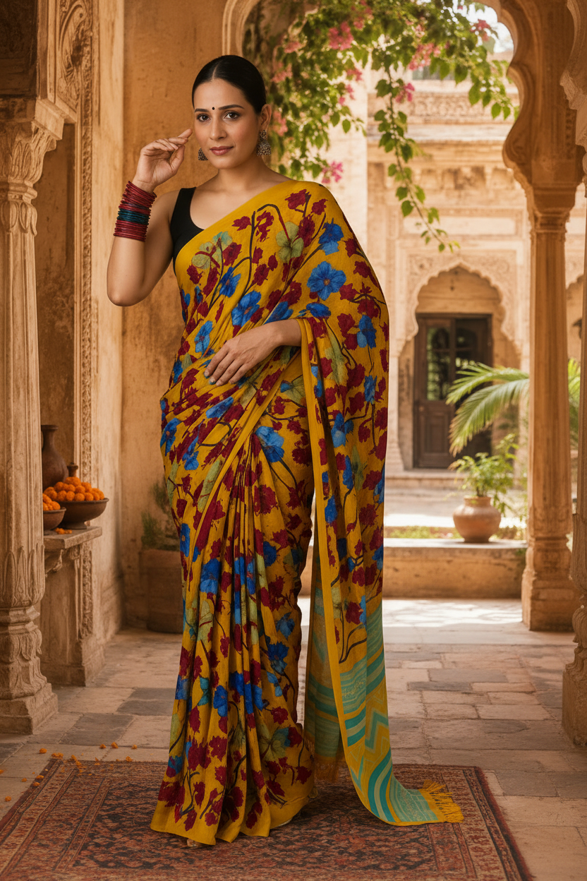 Georgette Printed Saree With Unstitched Blouse(Mustard)