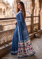 Pure Cotton Bagru Block Printed Saree With Unstitched Blouse(Blue)