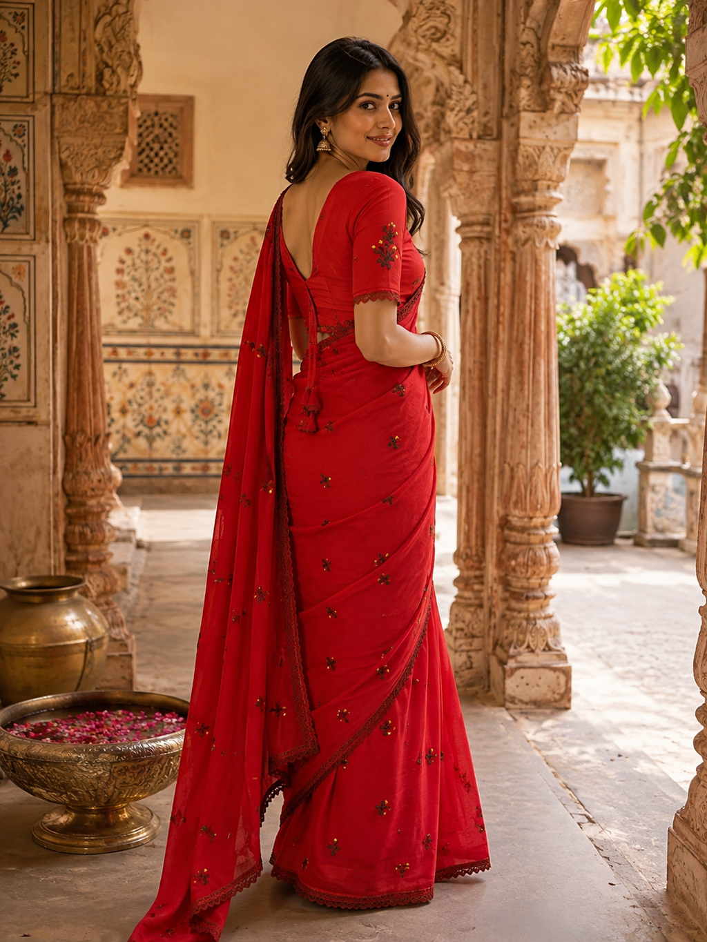 Soft Silk Embroidery Saree With Unstitched Blouse(Red)