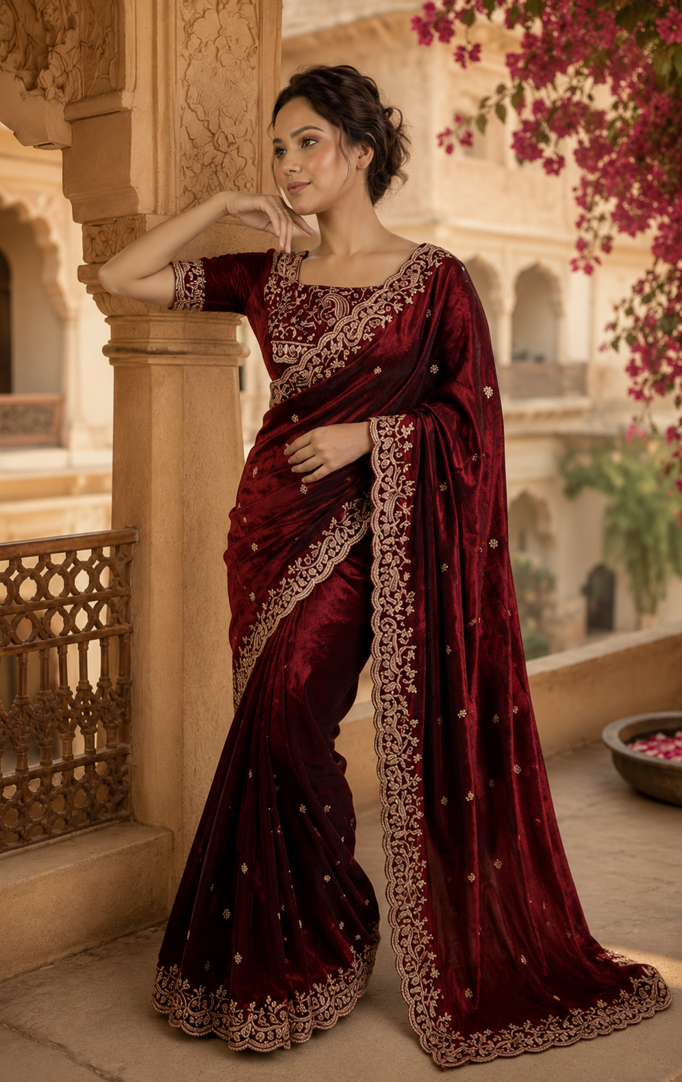Satin Silk Embroidery Work Saree With Unstitched Blouse(Wine)