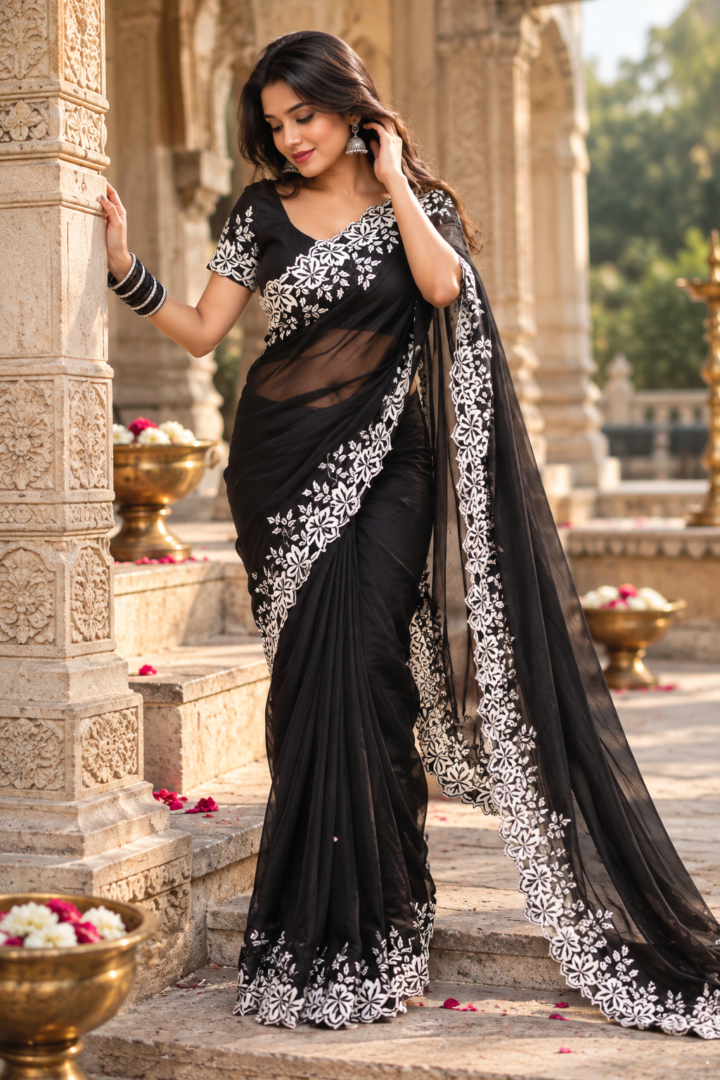 Organza Silk Thread Work Saree With Unstitched Blouse(Black)