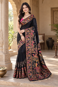 Premium Pashmina Kashmiri  Meenakari Weaves Tassels Saree (Black )