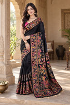 Premium Pashmina Kashmiri  Meenakari Weaves Tassels Saree (Black )