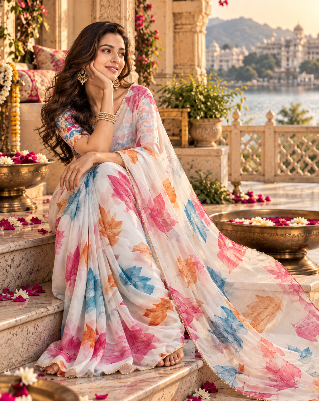 Organza Silk Floral Print Saree With Unstitched Blouse(White)