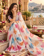 Organza Silk Floral Print Saree With Unstitched Blouse(White)