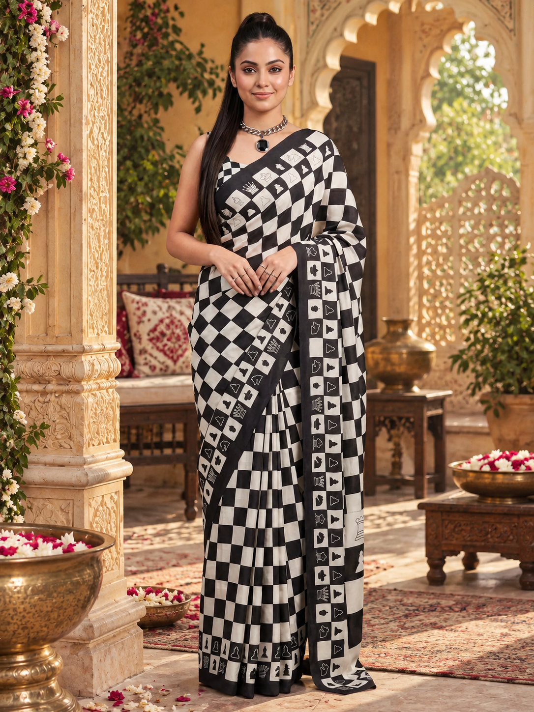 Pure Satin Silk Ajrakh Print Saree With Unstitched Blouse(Black)