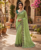 Georgette Multi Embroidery Work Saree With Unstitched Blouse(Light Green)