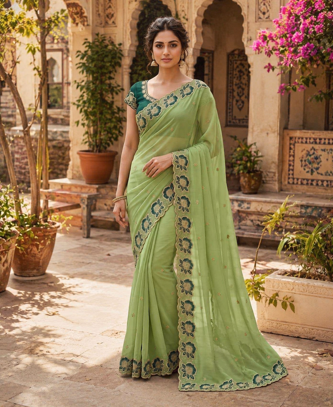 Georgette Multi Embroidery Work Saree With Unstitched Blouse(Light Green)
