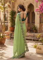Georgette Multi Embroidery Work Saree With Unstitched Blouse(Light Green)