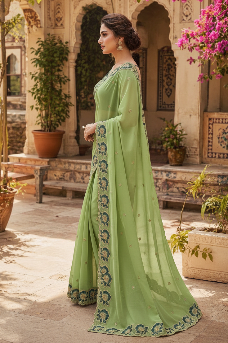 Georgette Multi Embroidery Work Saree With Unstitched Blouse(Light Green)