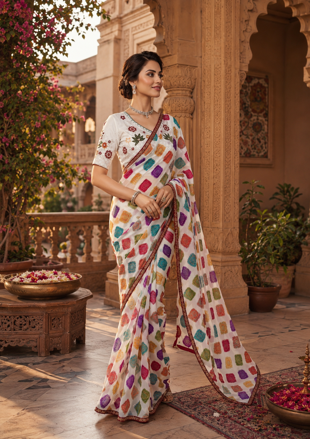 Cotton Floral Bandhani Printed Saree With Unstitched Blouse(Multicolor)